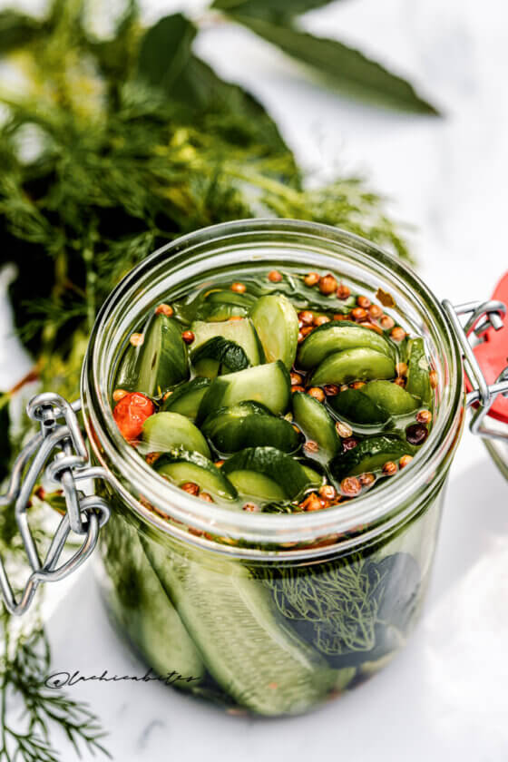 Best quick and easy homemade refrigerated pickles with seeds and dill. recipe and food photography @lachicabites