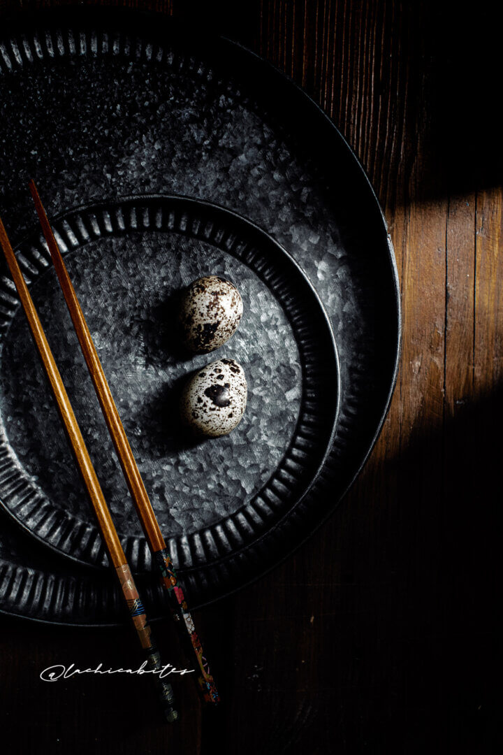 Dark mood quail eggs styling. Editorial food magazine photohgrapher in London @lachicabites